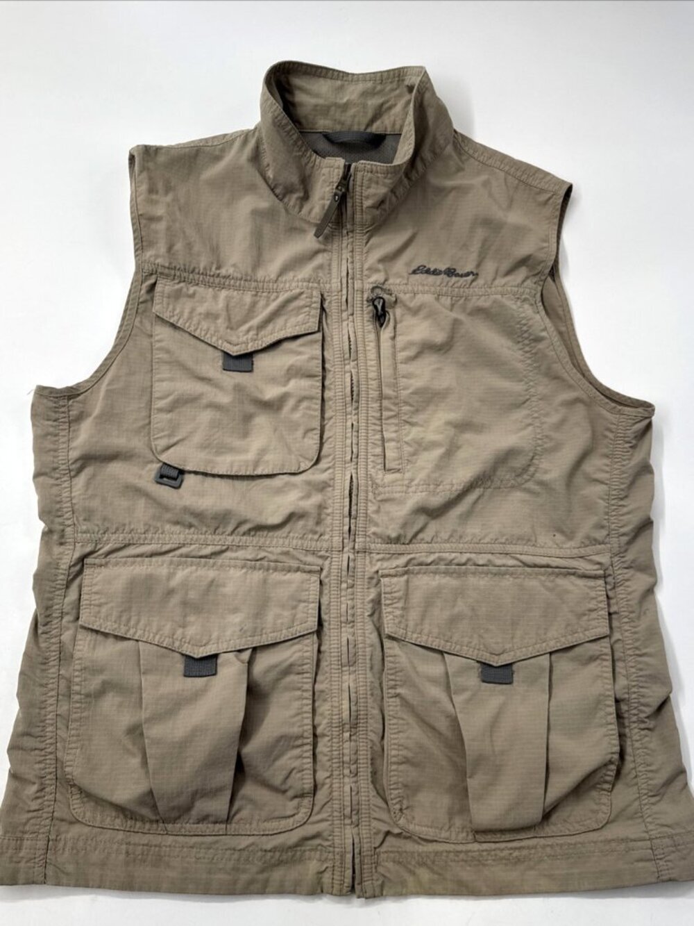 Eddie Bauer Hiking Vest Mens Medium Beige Travex Ripstop Fishing Utility Gorpore